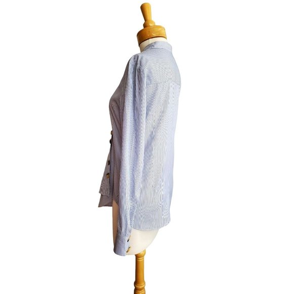 Tibi  Blue Jones Asymmetric Striped Shirt Tortoiseshell Buttons Sz 4 - Picture 4 of 11